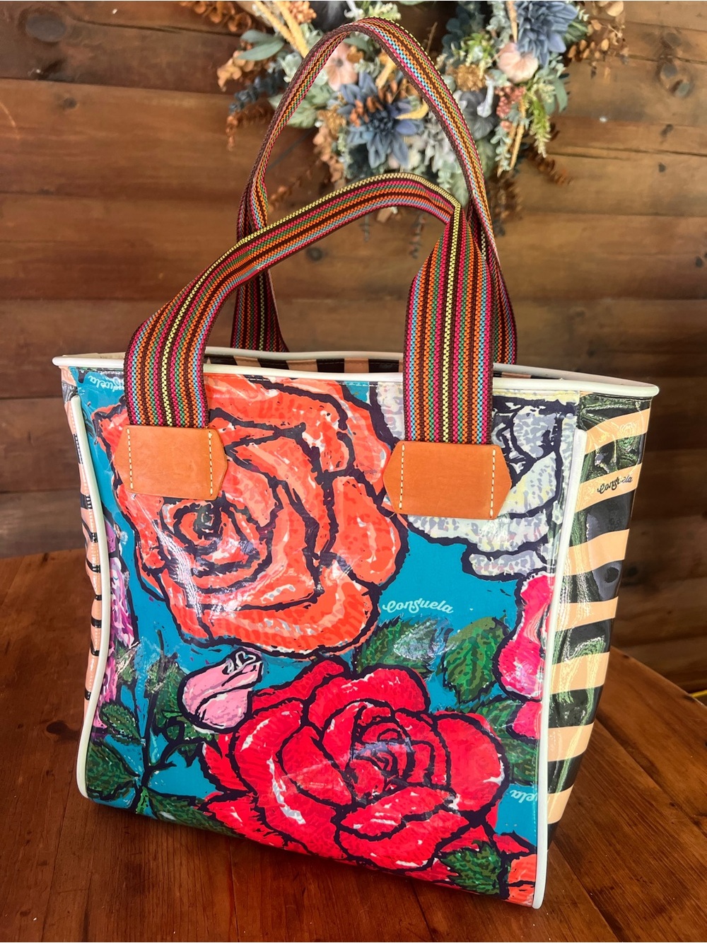 Consuela Floral Stripe Tote in Teal, Red, Orange